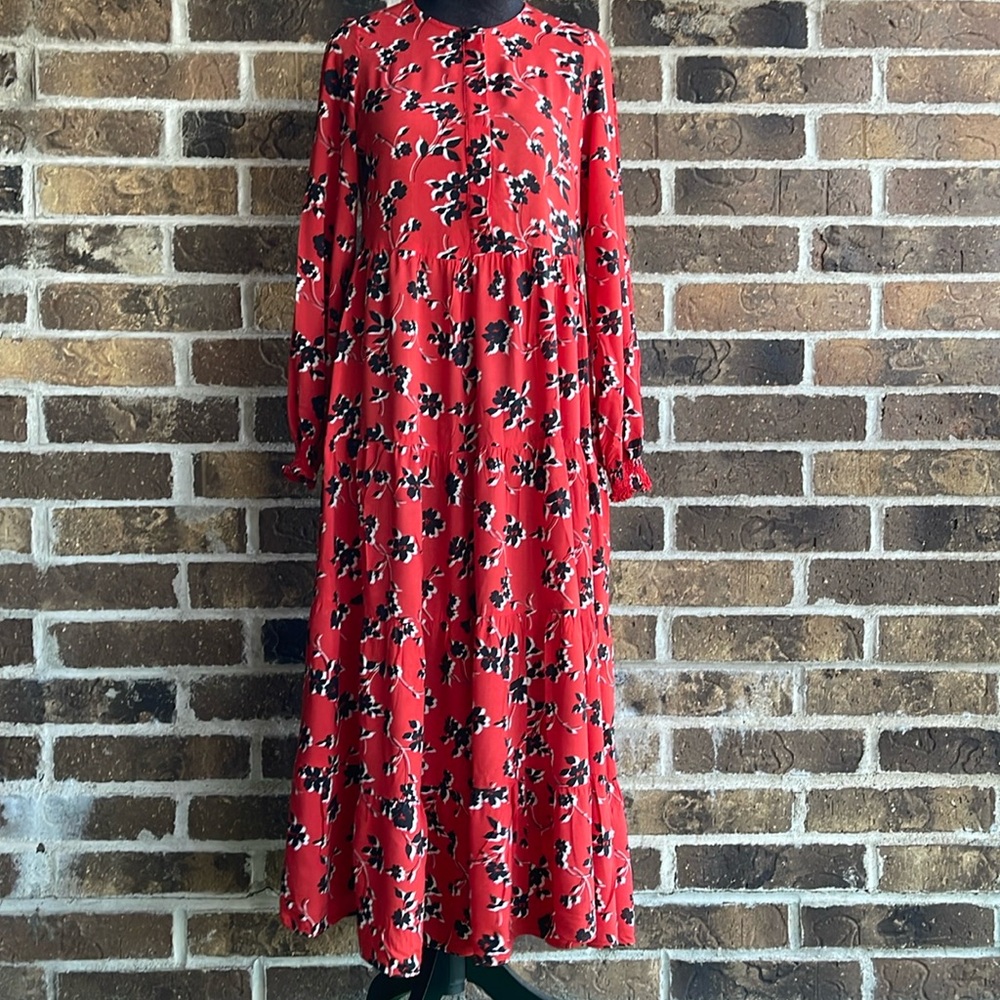 ZARA Angel Midi Maxi Red Black Floral Smock Flared Tiered Dress - Picture 8 of 13